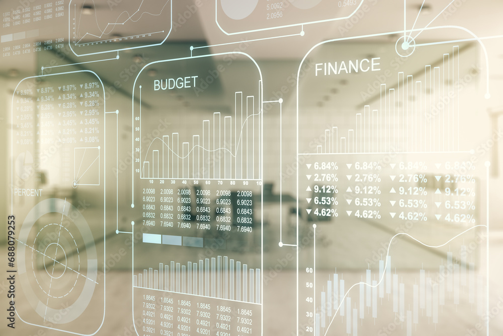 Poster Double exposure of abstract creative statistics data hologram on a modern furnished office interior background, analytics and forecasting concept