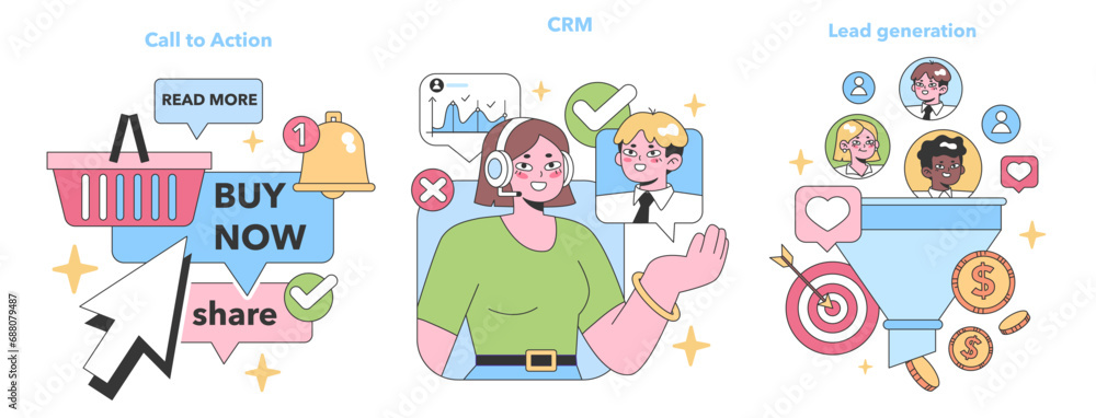 Poster digital marketing set. engaging call to action buttons, insightful crm analytics, diverse team drivi