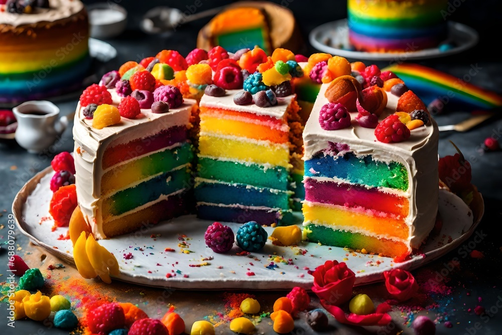 Poster an overhead view of a vibrant and colorful rainbow cake with layers of vivid hues, creating a visual