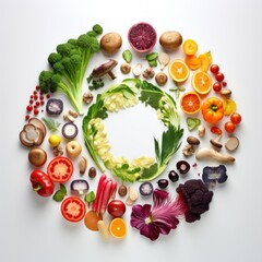 Circle made of vegetables and mushrooms on a white background, generative ai - 688079668