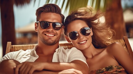 Portrait of happy couple relaxing on wooden deck chair at tropical beach while enjoying vacation. - obrazy, fototapety, plakaty