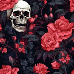Skull Amidst Blooming Roses Dark Pattern