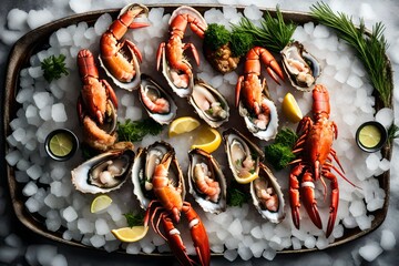 An elegant flat lay of a seafood platter, featuring oysters on the half shell, succulent lobster tails, and jumbo shrimp, all on a bed of crushed ice.