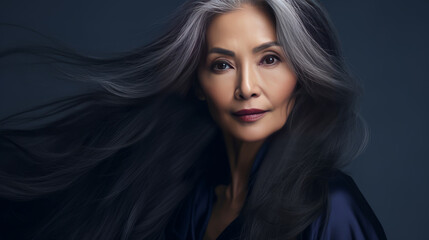 Fototapeta premium Smiling, elderly, chic Asian woman with gray long hair and perfect skin, on a dark blue background, banner.