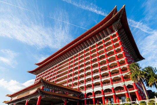 Taipei, Taiwan- November 23, 2023: Low angle view of the Grand Hotel Taipei on a sunny day in Taiwan. This is a Magnificent Chinese-style palace building.