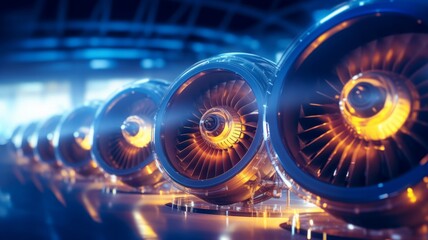 Modern blue turbofan jet engine blades background. Close up of turbojet of aircraft or spacecraft on with glowing yellow orange neon lights. Turbofan engine of the dark hangar  cabin airplane. - obrazy, fototapety, plakaty