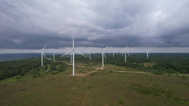 Aerial view of a wind turbine park producing renewable wind energy in Estonia