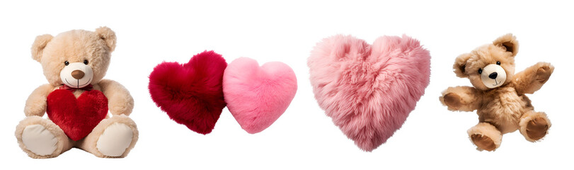 Pink and Red Heart, Teddy Bear, and Fluffy Soft Pillow: Valentine’s Day Set, Isolated on Transparent Background, PNG