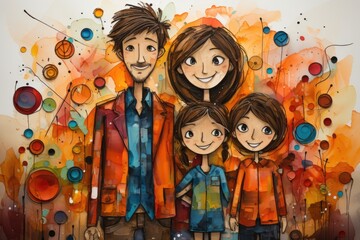 A painting of a family of four standing together.