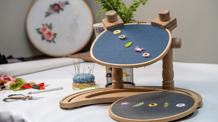 Details of the embroidery art with stand embroidery hoops in Anatolian handicrafts and crafts