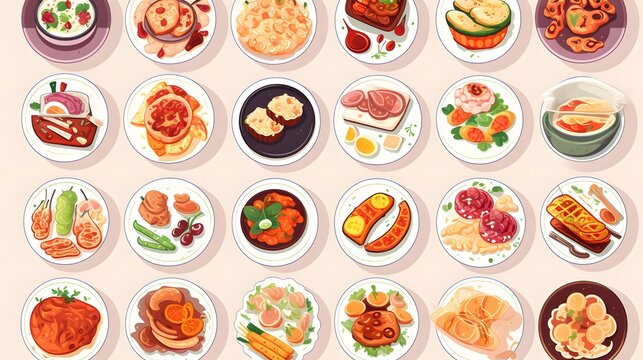 Various food dishes stickers set. Cute sticky labels decorated with Top view for cuisine of different countries. Flat Art Vector Illustration