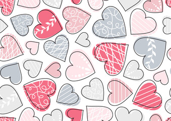 Hand drawn hearts seamless pattern. light blue, pink and red hearts doodle repeatable tile vector