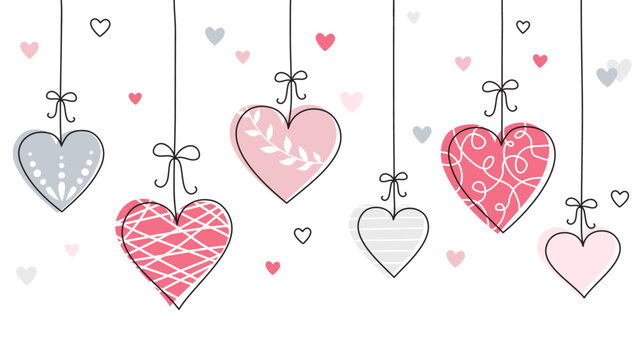 Hearts hanging from strings border vector, hearts doodle frame design