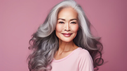 Smiling, elderly, gorgeous Asian woman with gray long hair and perfect skin, on a pink background, banner.