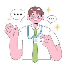 Friendly doctor introduction concept. Cheerful physician waving hand with ID badge, ready for consultation. Health care communication. Flat vector illustration.