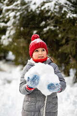 Cute little girl in winter sunny day standing near by spruce outdoor and holding big snowball for making snowman. Outdoor winter activity. Happy childhood. Christmas and New Year concept.