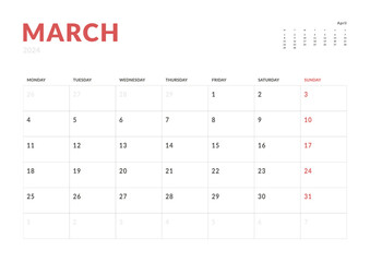 Monthly page Calendar Planner Templates of March 2024. Vector layout of simple calendar with week start Monday for print. Page for size A4 or 21x29.7 cm