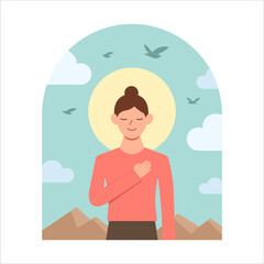 Obraz na płótnie Canvas Woman with sky, sun and mountain. People relax with nature, Enlightenment, awareness and harmony concept, Good mental health lifestyle, Flat vector illustration