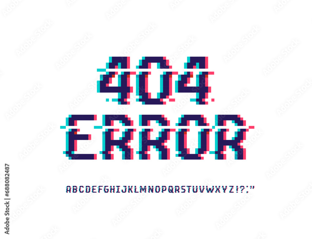 Poster error 404 glitch style banner and font type. pixel page not found concept. system error cyberpunk gl