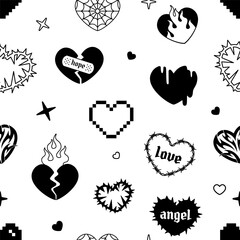 Print fabric seamless patern with gothic hearts in 2000s style. Y2k Emo goth tattoo flamed hearts on white background. Chain heart and barbed wire heart vector seamless pattern for textile design - obrazy, fototapety, plakaty