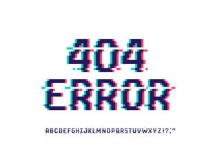 Error 404 glitch style banner and font type. Pixel Page not found concept. System error cyberpunk glitch font type and alphabet. Pixel 8-bit font type distortion effect. 404 error vhs glitch effect