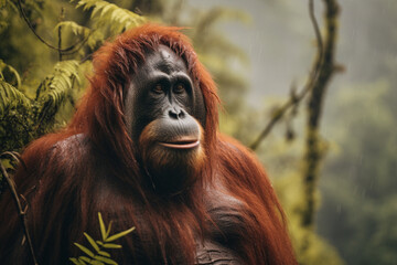 Wild Male Orangutan in the Borneo forest