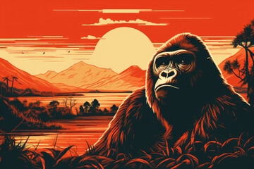 Art life of Gorillas in nature, block print style
