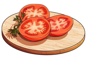 Sliced tomatoes on a wooden board, manga style vector illustration