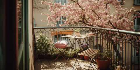 Beautiful city balcony with table and chair, flowering tree in spring outside