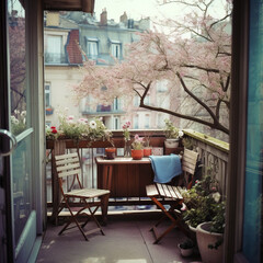 Fototapeta na wymiar Cozy terrace with wooden table and chairs. Building and floweting tree on background