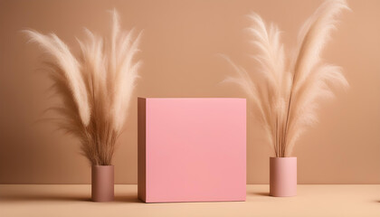 Autumn pink pedestal with pampas grass on brown or yellow background with dried flowers, copy space, 