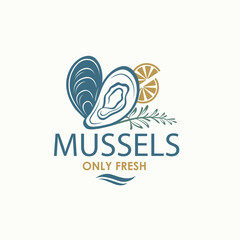 label of fresh mussel shell isolated on light background