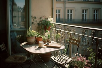 Beautiful city balcony with table, chairs and decorative plants flowerpots.