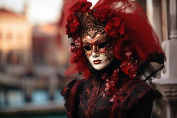 Beautiful woman in stylish red carnival costume, Venetian carnival mask celebrates in Venice, Italia Mardi Gras masquerade