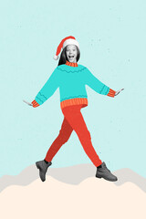 Fototapeta premium Vertical collage image of astonished black white effect girl jump enjoy walking snowy weather isolated on blue background