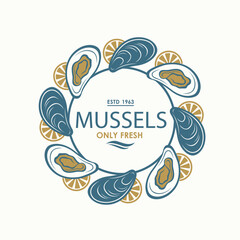 label of fresh mussel shell isolated on light background