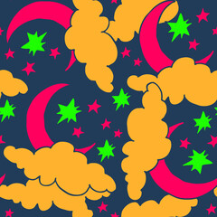 Obraz premium Starry night seamless vector pattern with moon, stars and clouds. Boho style decorative background for wallpaper, digital paper, wrapping design, fashion fabric, textile print. Hand drawn illustration