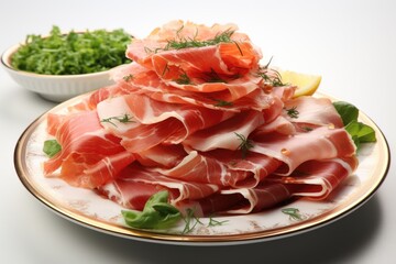 A plate of ham with a bowl of peals in the background.