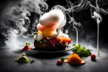 An expertly captured moment of molecular gastronomy, with liquid nitrogen creating billowing clouds as it interacts with flavorful ingredients. - obrazy, fototapety, plakaty