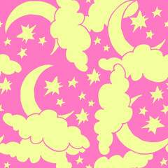 Starry night seamless vector pattern with moon, stars and clouds. Boho style decorative background for wallpaper, digital paper, wrapping design, fashion fabric, textile print. Hand drawn illustration