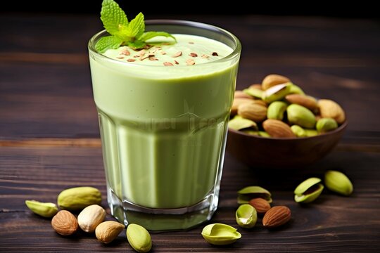 green pistachios nuts smoothie in glass on wooden background