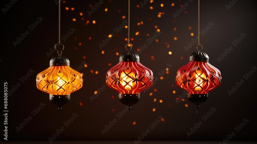Poster three red and yellow lanterns hanging from a string. paper divali lanterns.