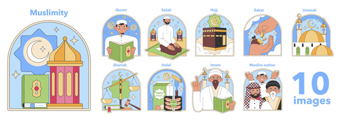 Muslimity set. Illustrations of Islamic practices, including reading the Quran, prayer, hajj, charity, and community unity. Flat vector illustration.
