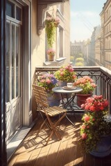 Beautiful city balcony with table, decorated with flowering plants in flowepots.