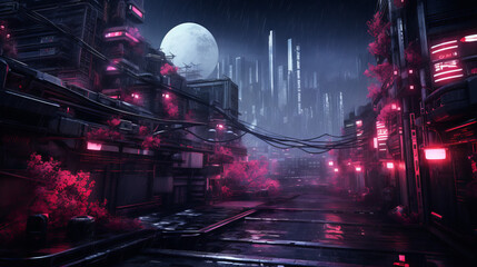 A futuristic cyberpunk city at night