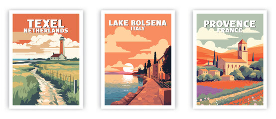 Lake Bolsena, Texel, Provence Illustration Art. Travel Poster Wall Art. Minimalist Vector art.