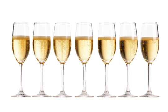 Various glasses of champagne in a row with bubbles isolated on a cut out PNG transparent background - Powered by Adobe