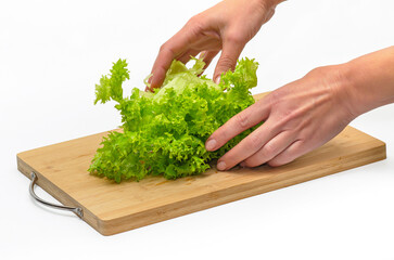Human hands put green salad on a wooden cutting board. Side view. Salad preparation.