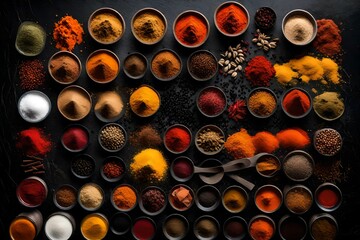 A colorful array of spices and powders arranged in geometric patterns on a black granite kitchen surface.