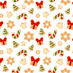 Christmas gingerbread cookie seamless pattern flat. Cartoon new year icon dessert ginger cookie sweet decorated background star snowflake xmas holly tree angel frosted lollipop traditional candy